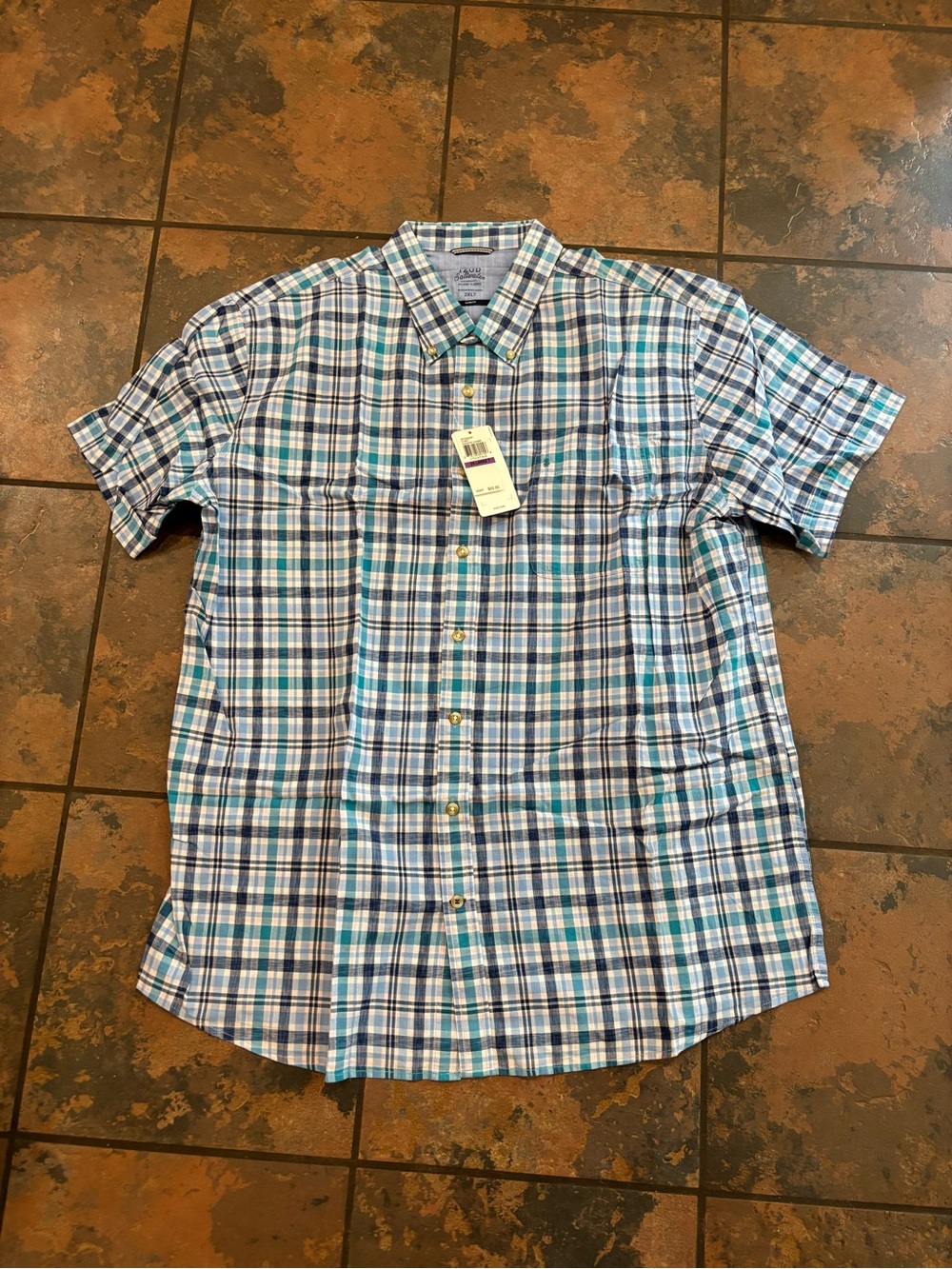 🧵Izod Men’s Short-Sleeve Plaid Button-Down Shirt - Blue & Teal